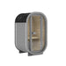 Contemporary Ula Micro 2-person outdoor sauna in smooth grey exterior timber, designed with a rounded frame, glass front door, and calming natural wood interior for outdoor wellness.
