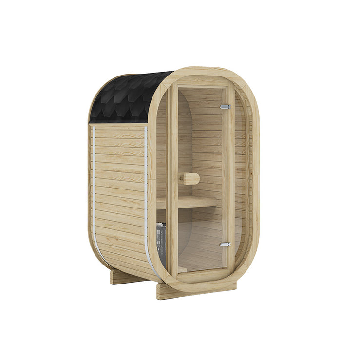 Compact Ula Micro 2-person outdoor sauna in natural wood finish, featuring a rounded modern design with a glass front door and cosy timber interior for relaxing home wellness.