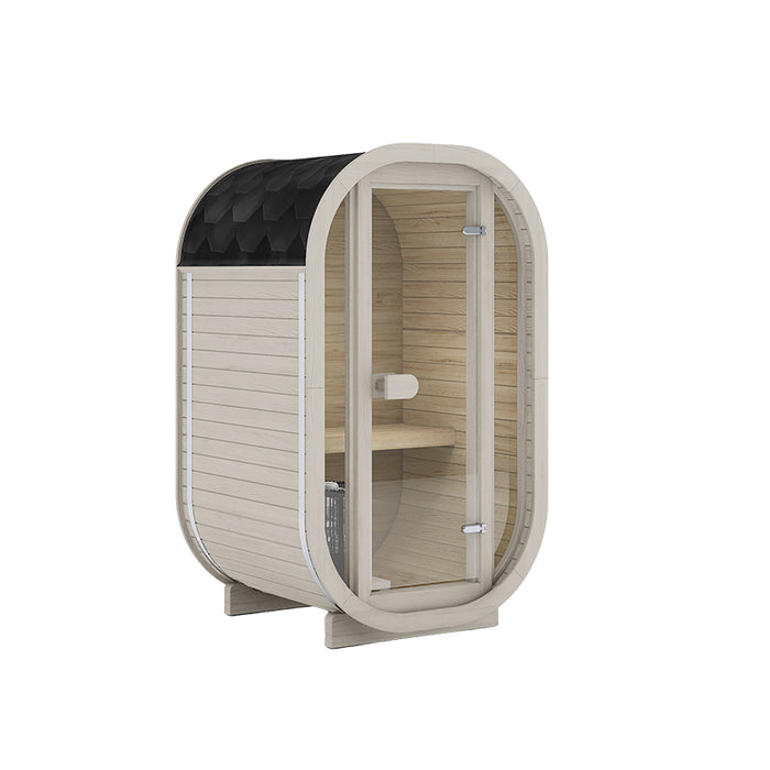 Elegant Ula Micro 2-person outdoor sauna with a white timber exterior and natural wood interior, complete with a rounded frame and glass entry door for a clean, contemporary look.