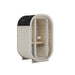 Elegant Ula Micro 2-person outdoor sauna with a white timber exterior and natural wood interior, complete with a rounded frame and glass entry door for a clean, contemporary look.