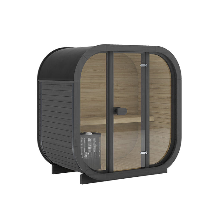 Black Ula Mini 2-person outdoor sauna with sleek matte finish, rounded corners, and full glass front door.