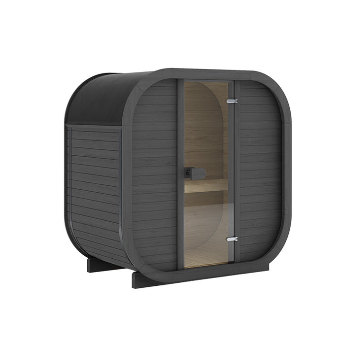 Black Ula Mini outdoor sauna model with smoked glass door and rounded contemporary design.