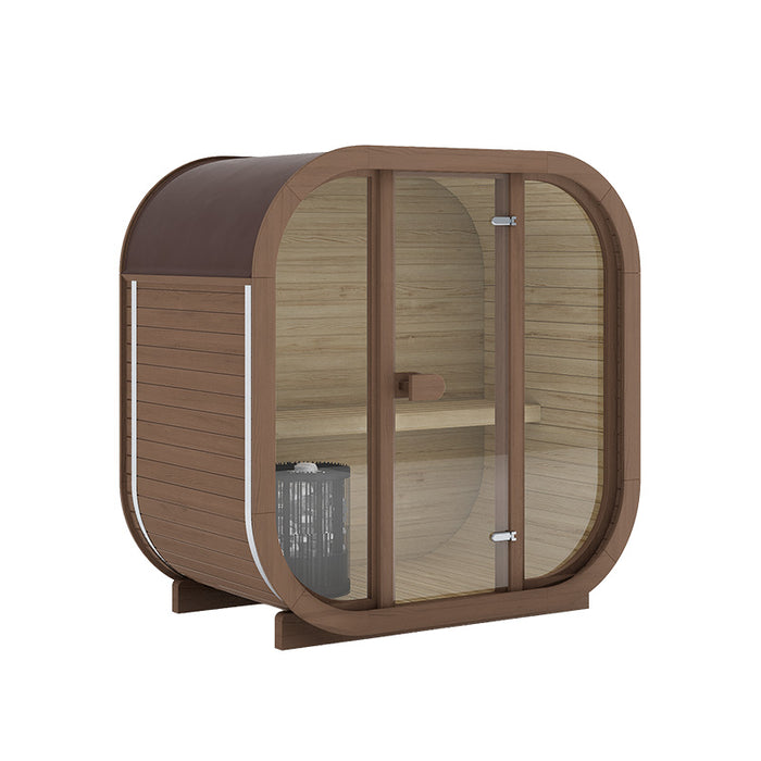 Brown Ula Mini 2-person sauna with warm-toned timber exterior, glass front, and curved roof structure.