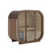 Brown Ula Mini 2-person sauna with warm-toned timber exterior, glass front, and curved roof structure.