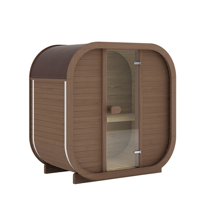 Dark brown Ula Mini 2-person sauna with curved edges and large front glass door, studio background.