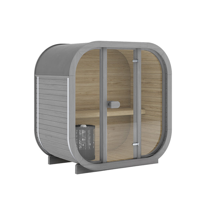 Grey Ula Mini 2-person outdoor sauna featuring a sleek contemporary design with light interior and rounded glass front.