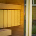 Interior wooden seating of the Ula Mini sauna featuring engraved CELSIUM branding.