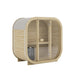Ula Mini 2-person outdoor sauna in a natural wood finish with curved design, glass front door, and HUUM heater visible inside.