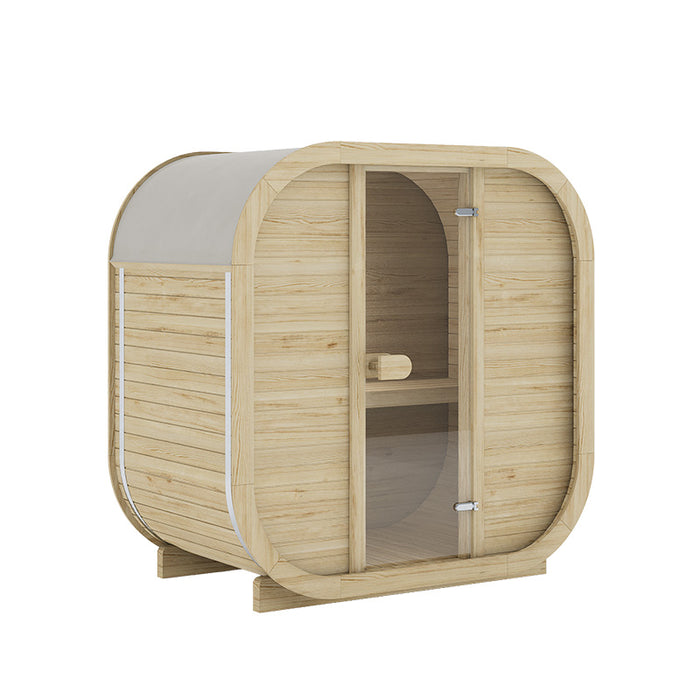 Studio image of Ula Mini 2-person outdoor sauna in a natural wood finish with curved roof and glass door.