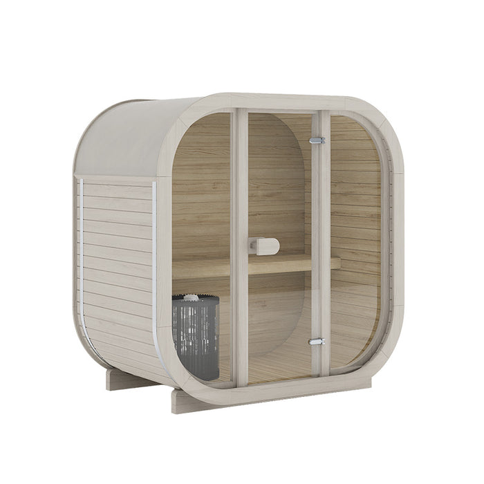 Whitewashed Ula Mini outdoor sauna with soft curved silhouette, full glass door, and minimalist natural wood interior.
