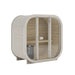 Whitewashed Ula Mini outdoor sauna with soft curved silhouette, full glass door, and minimalist natural wood interior.