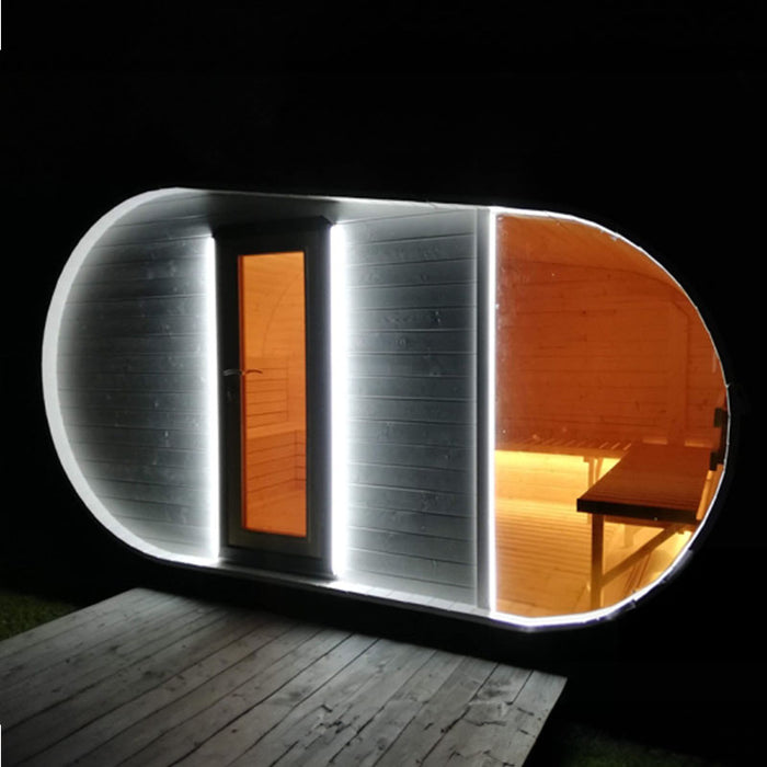 Illuminated Delight Outdoor Sauna 2.4 x 4.3m in the night.