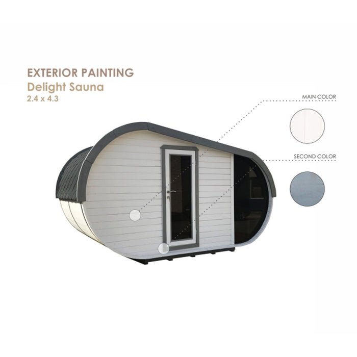 Exterior painting displaying main and second colour of Delight Outdoor Sauna 2.4 x 4.3m.