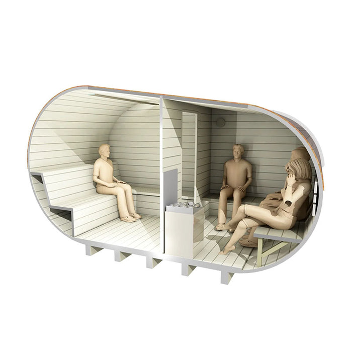 Side cross-section of Delight Outdoor Sauna with people sitting in changing room and sauna.