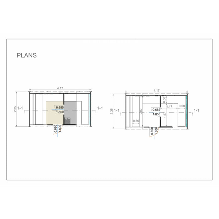 Detailed technical drawing of Delight Sauna 2.4 x 4.3m.