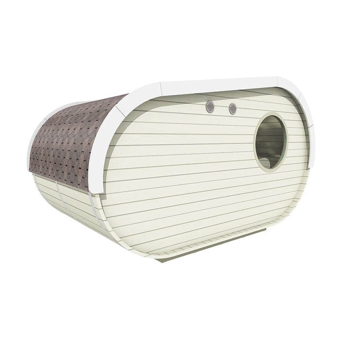 Diagonal back view of Delight Outdoor Sauna with round window.