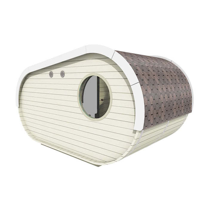 Backside view of Delight Sauna 2.4 x 4.3m with round window.