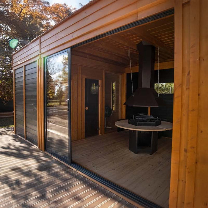 Close-up of the elegant wood panelling and black louvres that provide both privacy and style.