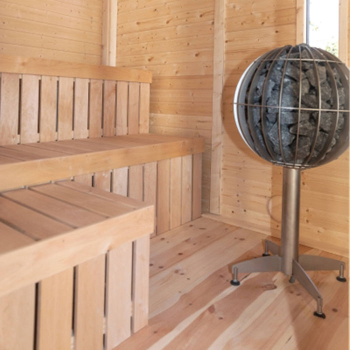 Highlighting the durable, sleek bench design inside the sauna, perfect for comfort and warmth.