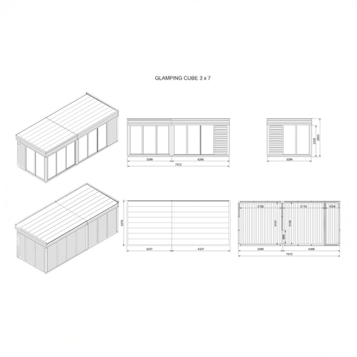 Schematic diagram of the Glamping Cube 3 x 7m, illustrating the structure’s dimensions and layout, designed for efficient, luxurious glamping experiences.