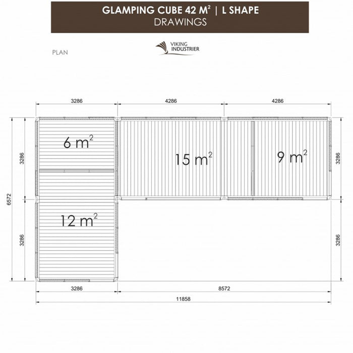 Detailed floor plan of the Glamping Cube 42m² L-Shape with labelled room dimensions for a spacious layout.