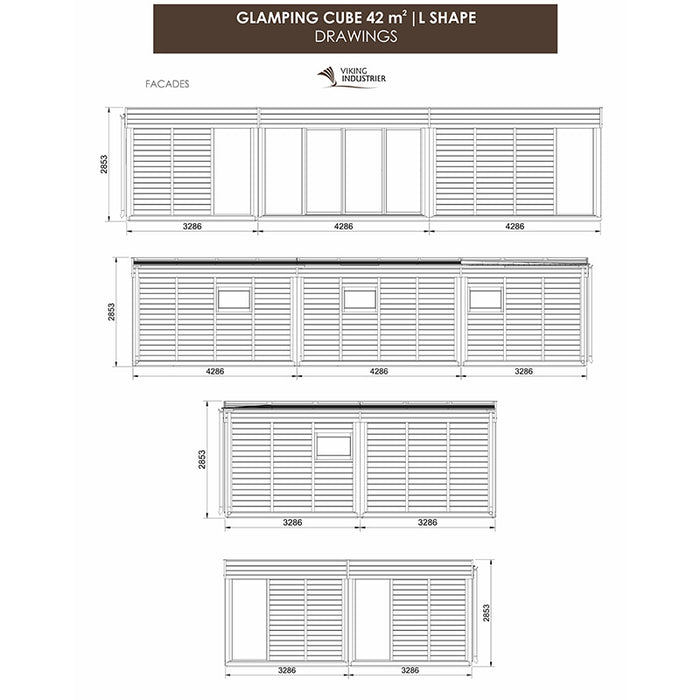 Facade drawings of the Glamping Cube 42m² L-Shape showcasing its sleek and modern design.