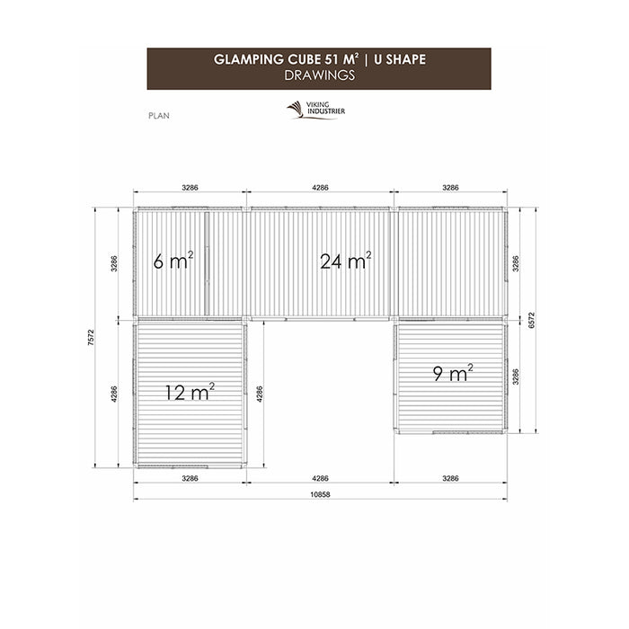 Detailed floor plan of the Viking Industrier Glamping Cube 51m² U-Shape, including dimensions for each section, perfect for outdoor retreats.