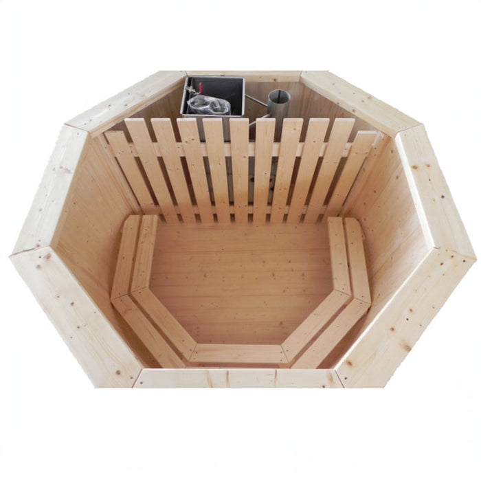 Interior view of a 1.9m thermowood hot tub, showcasing ergonomic bench seating.