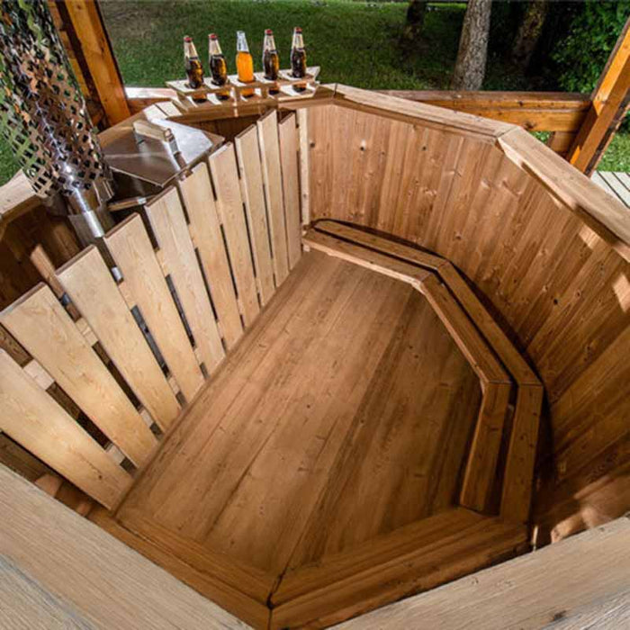 Inside view of the Hot Tub from Thermowood showing wooden benches.