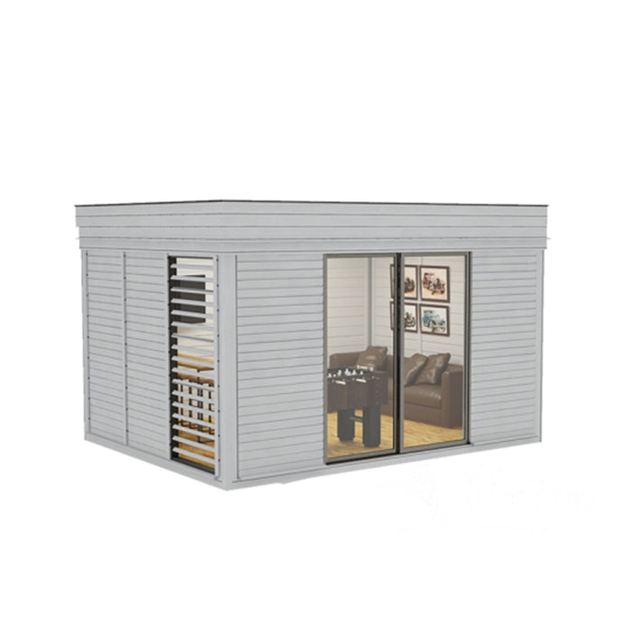 Freestanding Insulated Garden Man Cave Cube 3 x 4m, featuring a modern design with sliding glass doors, ideal for outdoor relaxation or a private workspace.