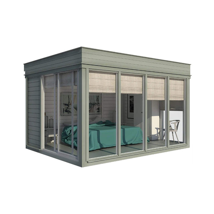 Insulated Garden Office Cube 3 x 4m featuring expansive glass windows, creating a bright, open feel perfect for a serene garden retreat