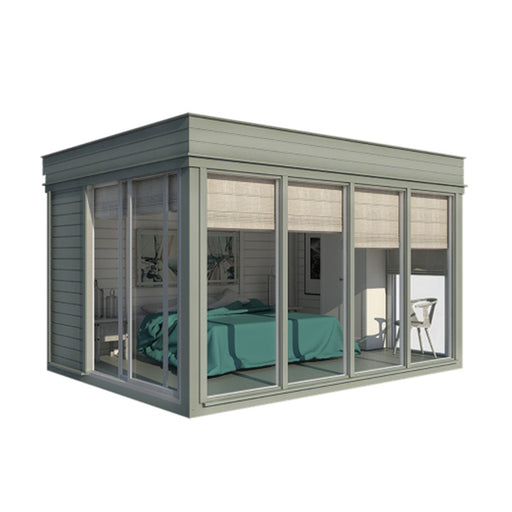 Modern Insulated Garden Room 3 x 4m with expansive windows and cosy interior, providing a serene outdoor retreat or guest space.