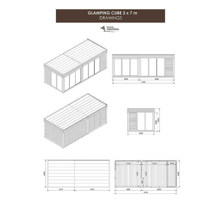 Technical drawing of the Insulated Glamping Cube 3 x 7m, highlighting all dimensions, including wall thickness and room layout.