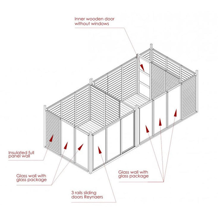 Schematic of the Insulated Glamping Cube 3 x 7m interior, showing inner walls, door placement, and panelled structure for customisation.