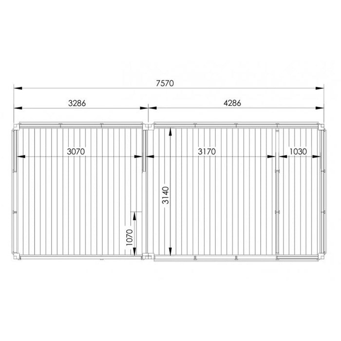 Detailed schematic of the Insulated Glamping Cube 3 x 7m, outlining wall panels, glass doors, and overall structure for clear visualisation.