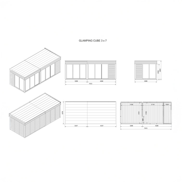 Schematic diagram of the Insulated Glamping Cube 3 x 7m, illustrating dimensions and structural layout with precise measurements.