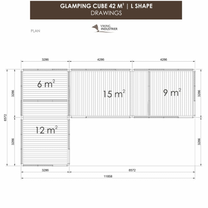 Detailed layout plan of the Insulated Glamping Cube 42m² L-Shape by Viking Industrier, highlighting room dimensions for an efficient and luxurious outdoor living design.