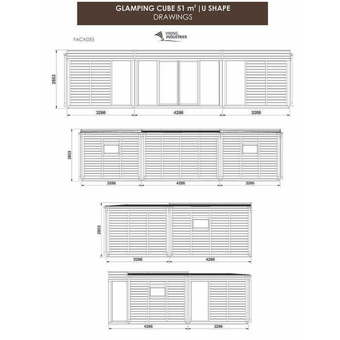 Top-view architectural drawings of the Viking Industrier Glamping Cube 51m² U-Shape, highlighting its elegant U-shaped design and structure.