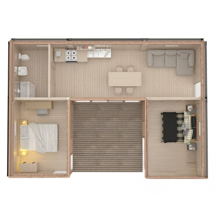 Interior layout of the Viking Industrier Insulated Glamping Cube 51m² U-Shape, featuring modern living, kitchen, and sleeping areas.