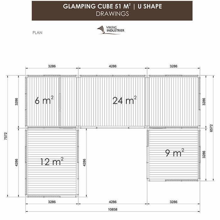 Detailed plan of the Viking Industrier Insulated Glamping Cube 51m² U-Shape showcasing room layout and dimensions for an optimised outdoor retreat.