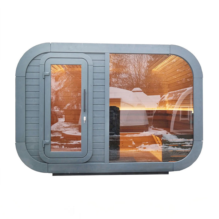 Front view of the Luna Outdoor Sauna with a glass door and large window on white background.