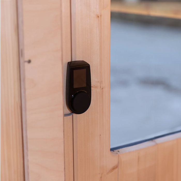 Close-up view of Luna Sauna 2.3 x 2.4m controls.