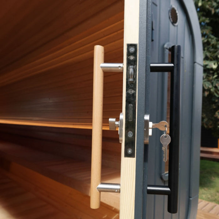 Door handle of Luna Outdoor Sauna 2.3 x 2.4m, close-up view.