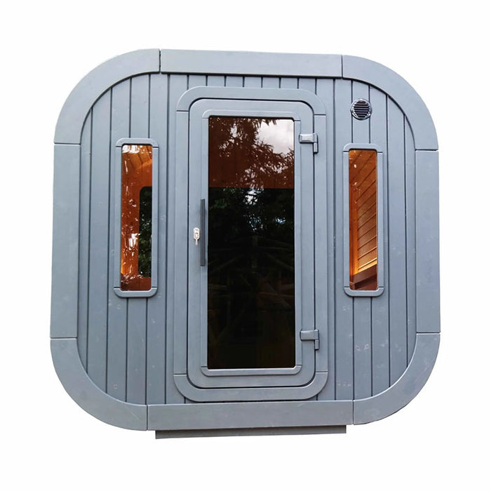 Luna Outdoor Sauna 2.3 x 2.4m on white background, front view.