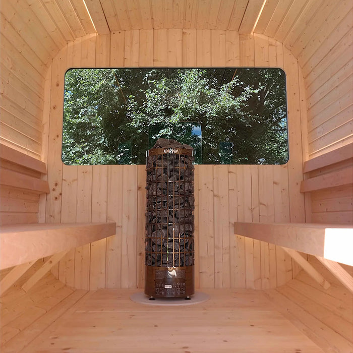 Inside view of Luna Outdoor Sauna 2.3 x 2.4m with Harvia Heater. 