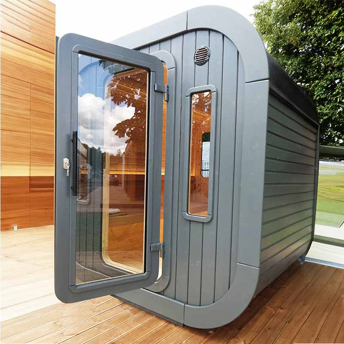 Side view of Luna Sauna 2.3 x 2.4m with open door.