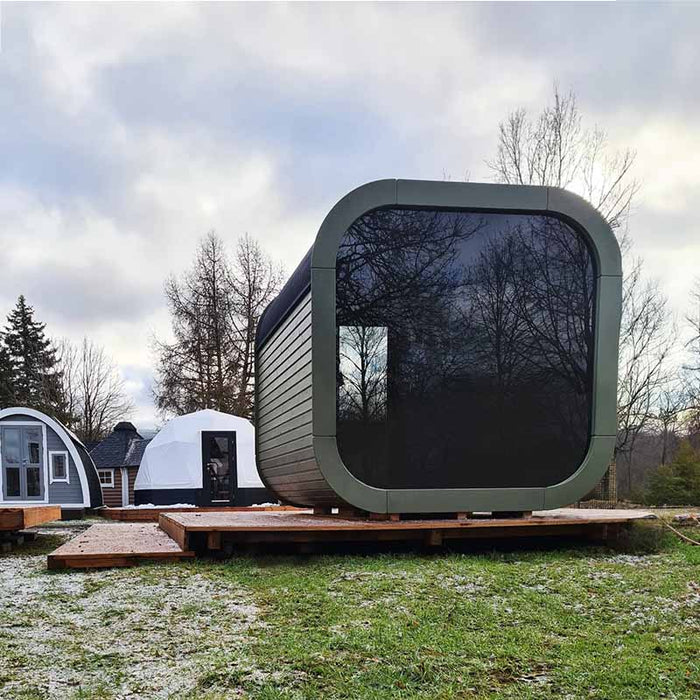 Back view of Luna Luxury Sauna 2.3 x 2.4m with big glass window.