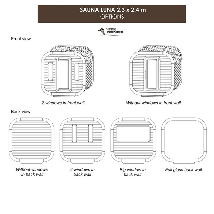 Overview of options for the Luna Sauna 2.3 x 2.4m.