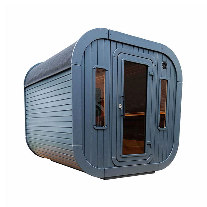 Luna Outdoor Sauna 2.3 x 2.4m on white background, side view.