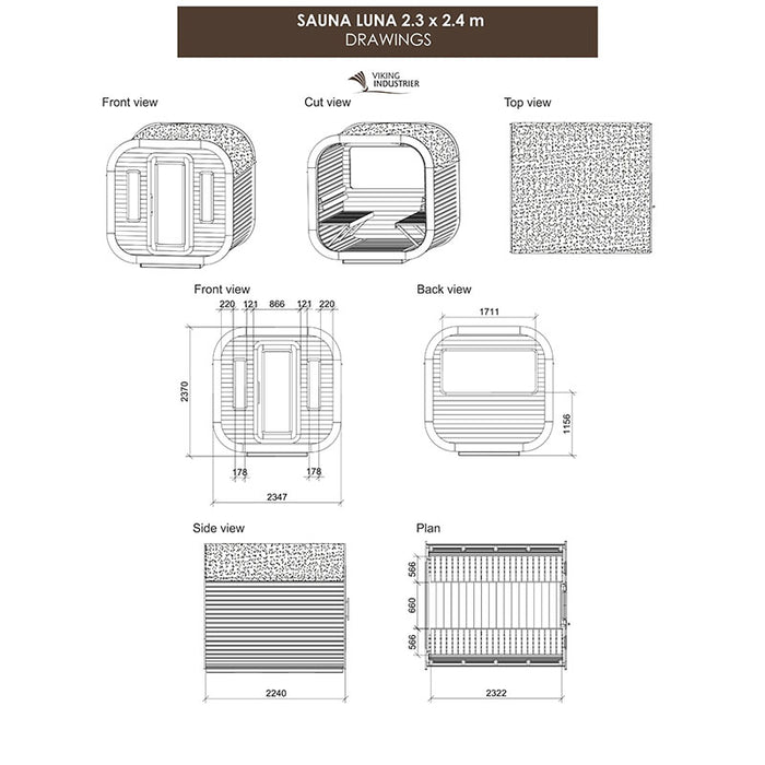 Technical drawing of the Luna Outdoor Sauna 2.3 x 2.4m.